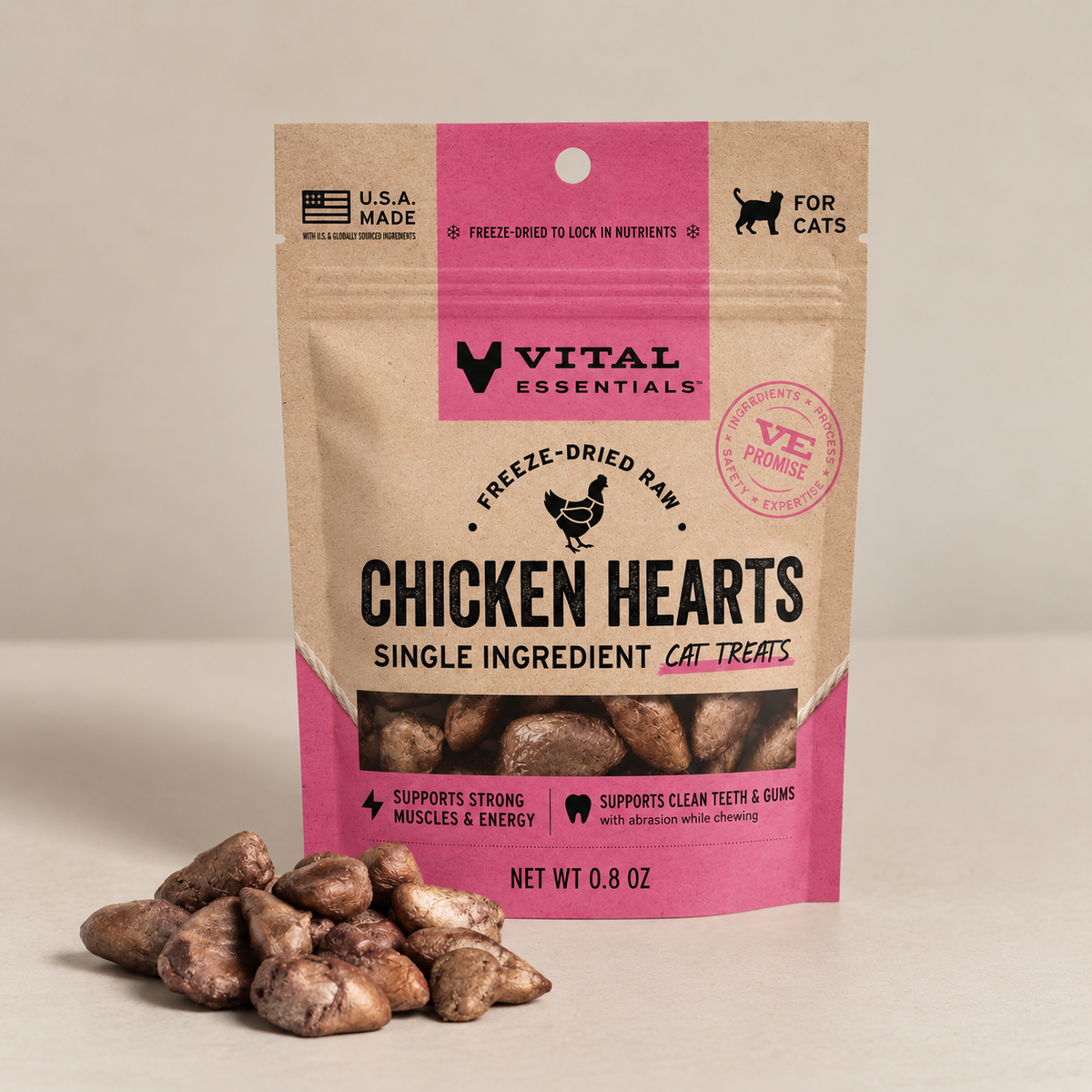 Freeze-dried raw chicken hearts.